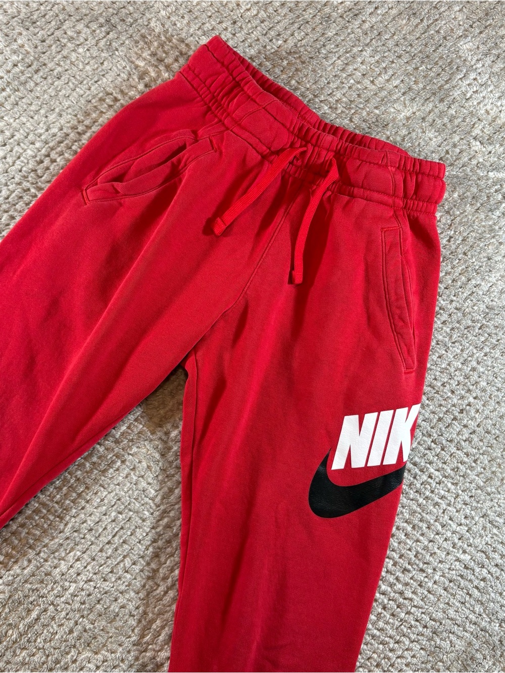 Nike Kids S Red Logo Cotton Athletic Sports Jogger Pants Drawstring
